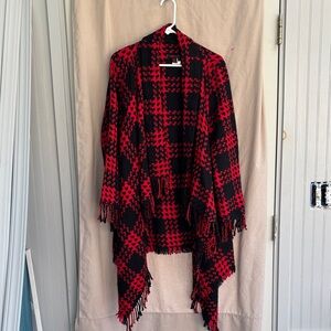 Simon Chang Red & Black Plaid Fringe Poncho Wrap